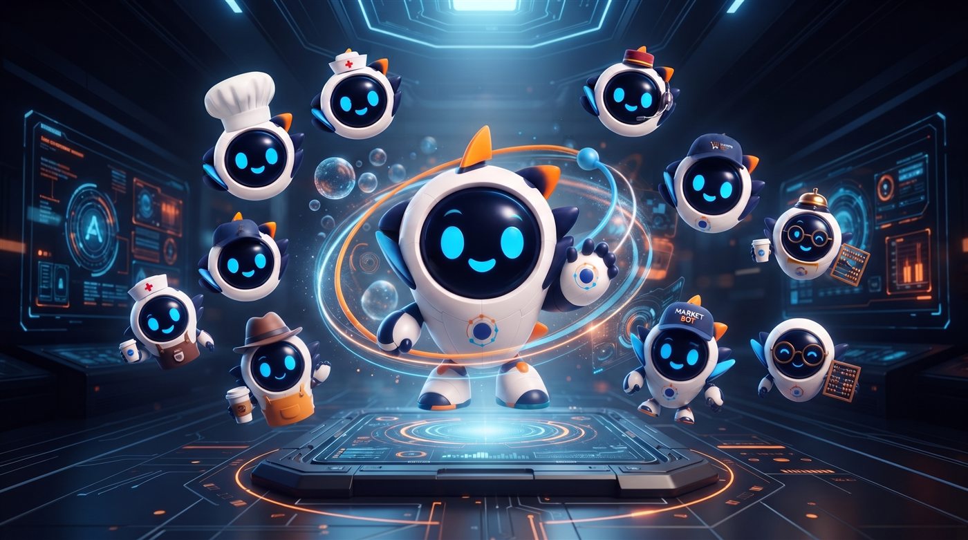 ORBIT, el empleado digital de ORB.IA, rodeado de sus versiones para cada giro de negocio: chef, enfermera, barista, contador, comercio y más